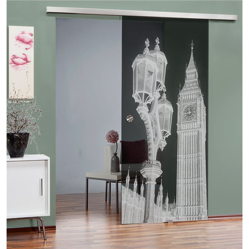 Glasschiebetür SLIM-LINE Big Ben Gelasert Auf Grauglas Glasschiebetür SLIM-LINE Big Ben Gelasert Auf Grauglas