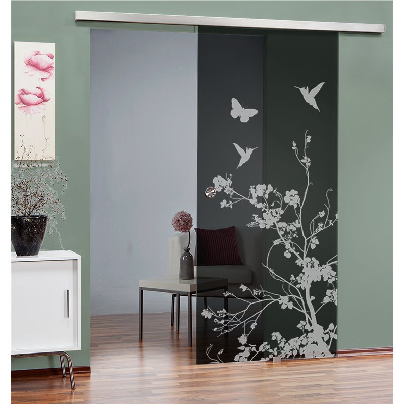 Glasschiebetür SLIM-LINE Birds Gelasert Auf Grauglas Glasschiebetür SLIM-LINE Birds Gelasert Auf Grauglas