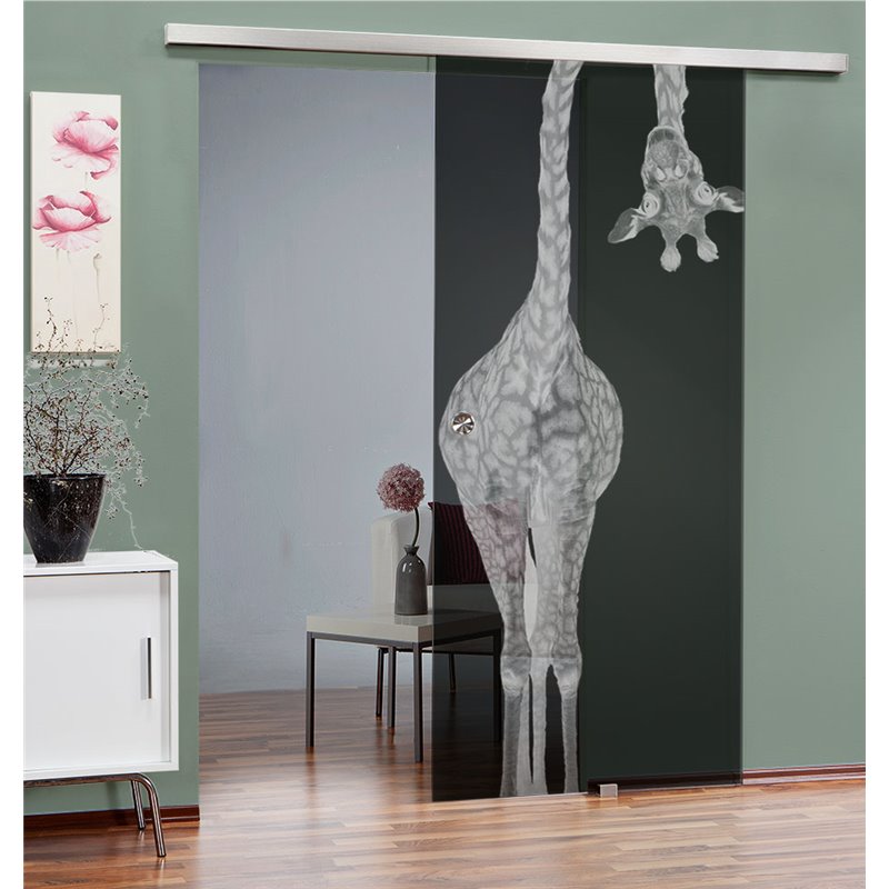 Glasschiebetür SLIM-LINE Giraffenhals Gelasert Auf Grauglas Glasschiebetür SLIM-LINE Giraffenhals Gelasert Auf Grauglas