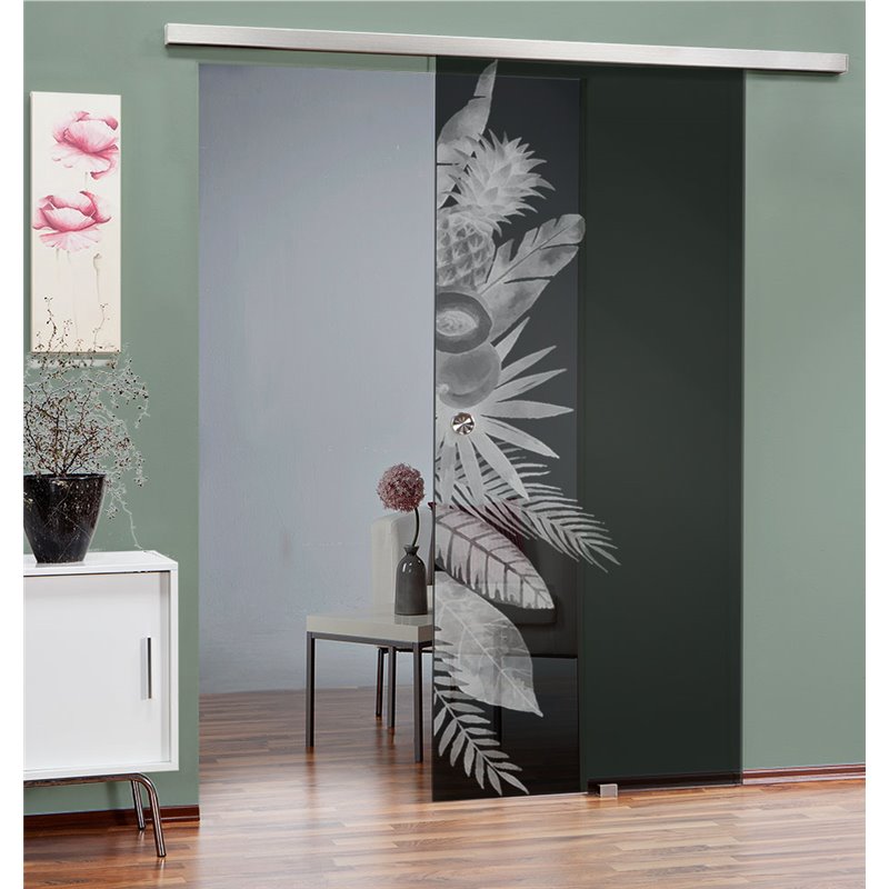 Glasschiebetür SLIM-LINE Tropical II Gelasert Auf Grauglas Glasschiebetür SLIM-LINE Tropical II Gelasert Auf Grauglas