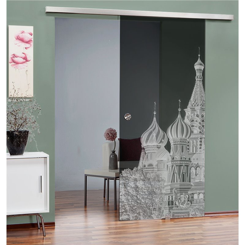 Glasschiebetür SLIM-LINE Moskau Gelasert Auf Grauglas Glasschiebetür SLIM-LINE Moskau Gelasert Auf Grauglas