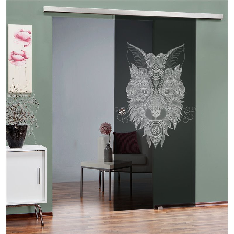 Glasschiebetür SLIM-LINE Wolf 6 Gelasert Auf Grauglas Glasschiebetür SLIM-LINE Wolf 6 Gelasert Auf Grauglas