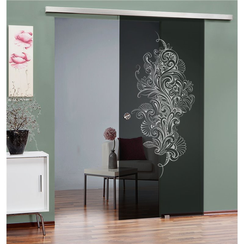 Glasschiebetür SLIM-LINE Florale Kunst Gelasert Auf Grauglas Glasschiebetür SLIM-LINE Florale Kunst Gelasert Auf Grauglas