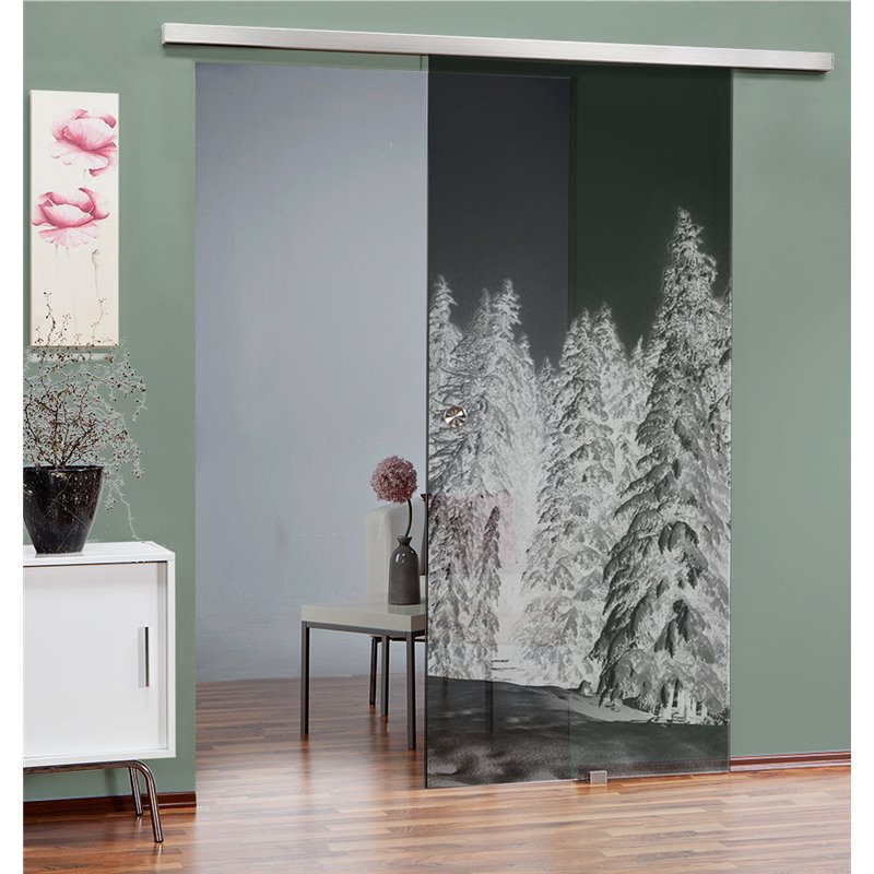 Glasschiebetür SLIM-LINE Winterwald Gelasert Auf Grauglas Glasschiebetür SLIM-LINE Winterwald Gelasert Auf Grauglas