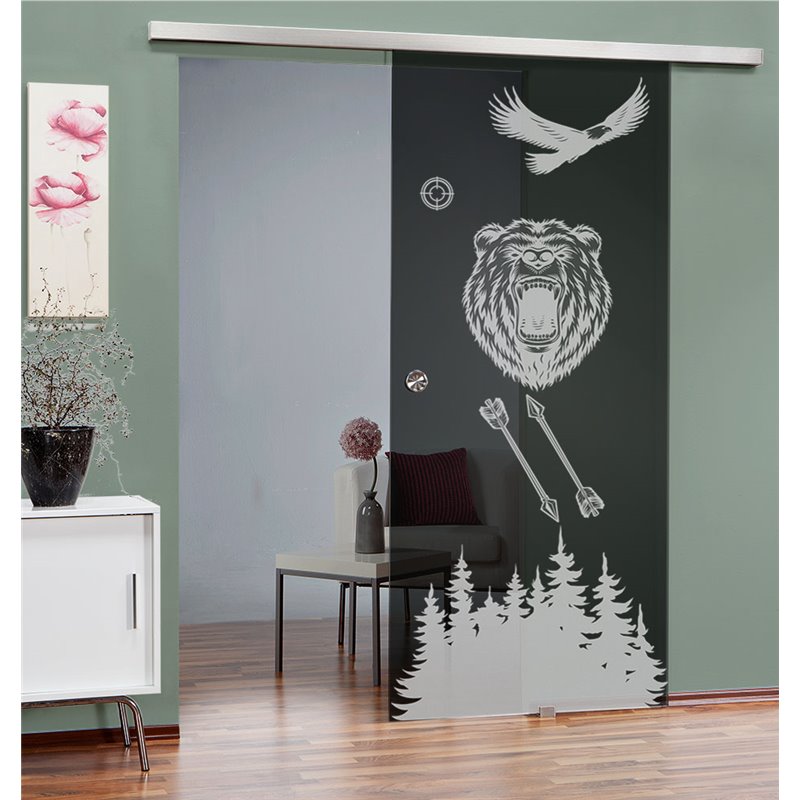 Glasschiebetür SLIM-LINE Wild Life Gelasert Auf Grauglas Glasschiebetür SLIM-LINE Wild Life Gelasert Auf Grauglas
