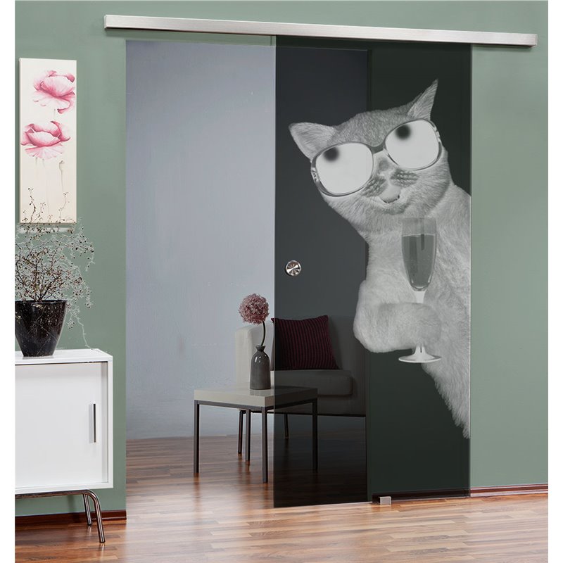 Glasschiebetür SLIM-LINE Drinking Cat Gelasert Auf Grauglas Glasschiebetür SLIM-LINE Drinking Cat Gelasert Auf Grauglas