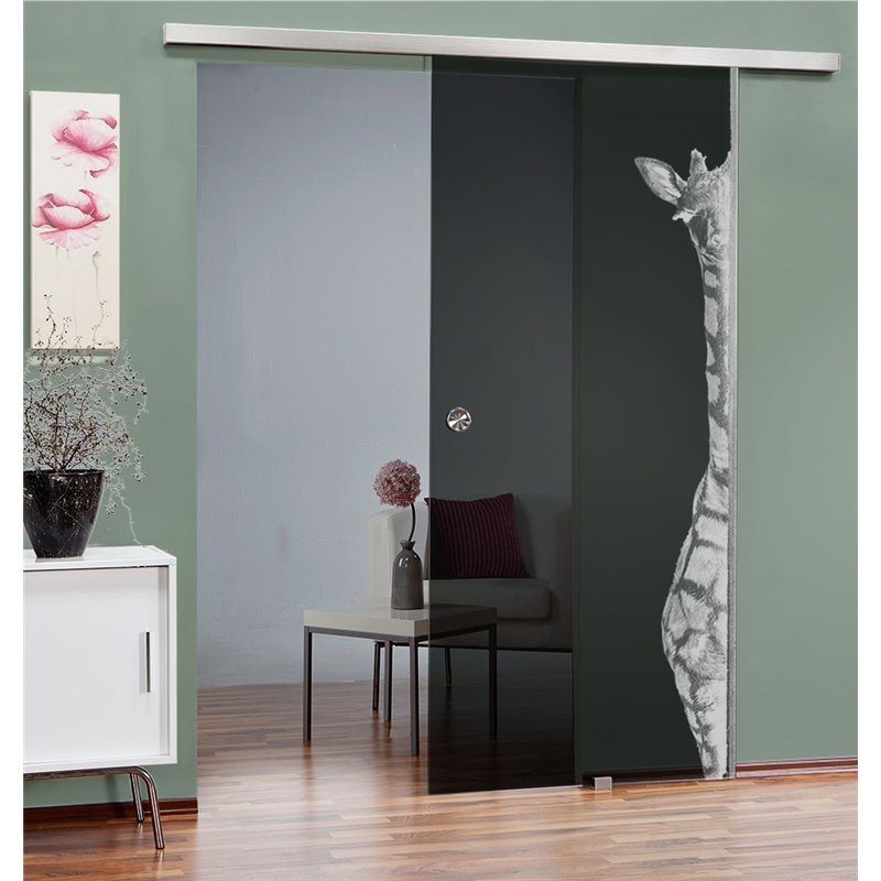Glasschiebetür SLIM-LINE Giraffe Gelasert Auf Grauglas Glasschiebetür SLIM-LINE Giraffe Gelasert Auf Grauglas