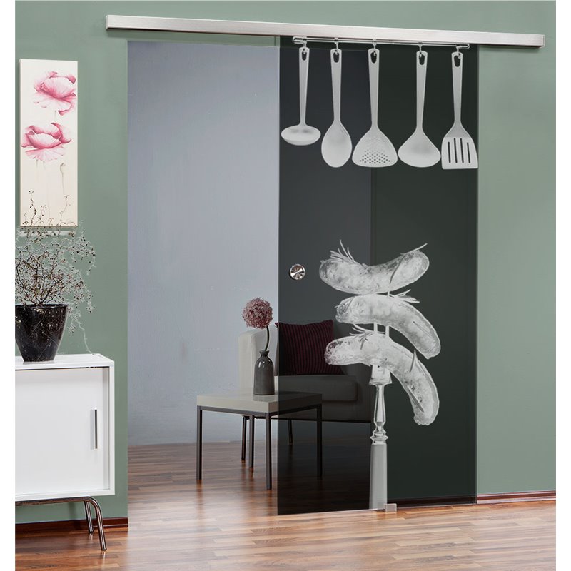 Glasschiebetür SLIM-LINE Kitchen Gelasert Auf Grauglas Glasschiebetür SLIM-LINE Kitchen Gelasert Auf Grauglas