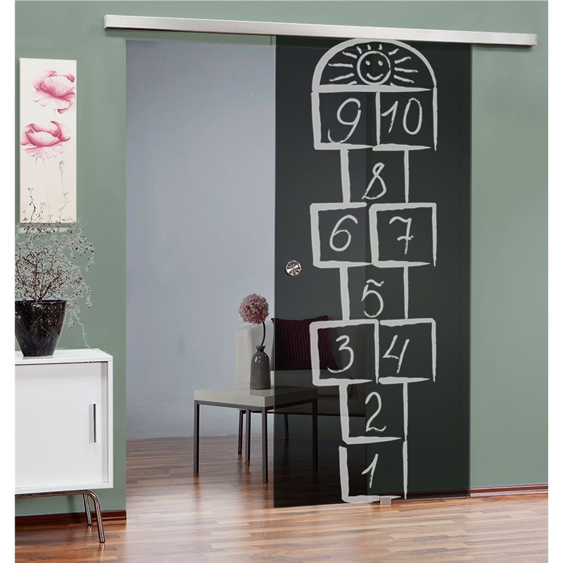 Glasschiebetür SLIM-LINE Hopscotch Gelasert Auf Grauglas Glasschiebetür SLIM-LINE Hopscotch Gelasert Auf Grauglas