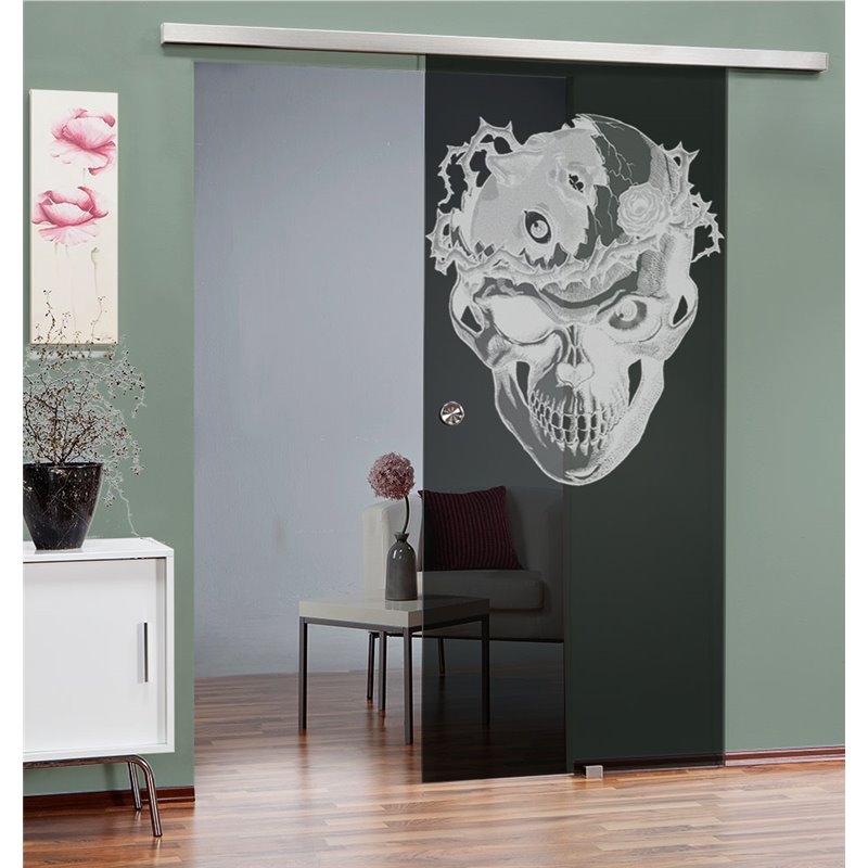 Glasschiebetür SLIM-LINE Skull 4 Gelasert Auf Grauglas Glasschiebetür SLIM-LINE Skull 4 Gelasert Auf Grauglas