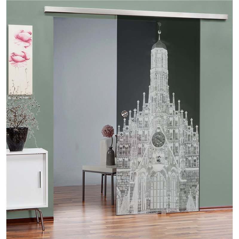 Glasschiebetür SLIM-LINE Frauenkirche Gelasert Auf Grauglas Glasschiebetür SLIM-LINE Frauenkirche Gelasert Auf Grauglas
