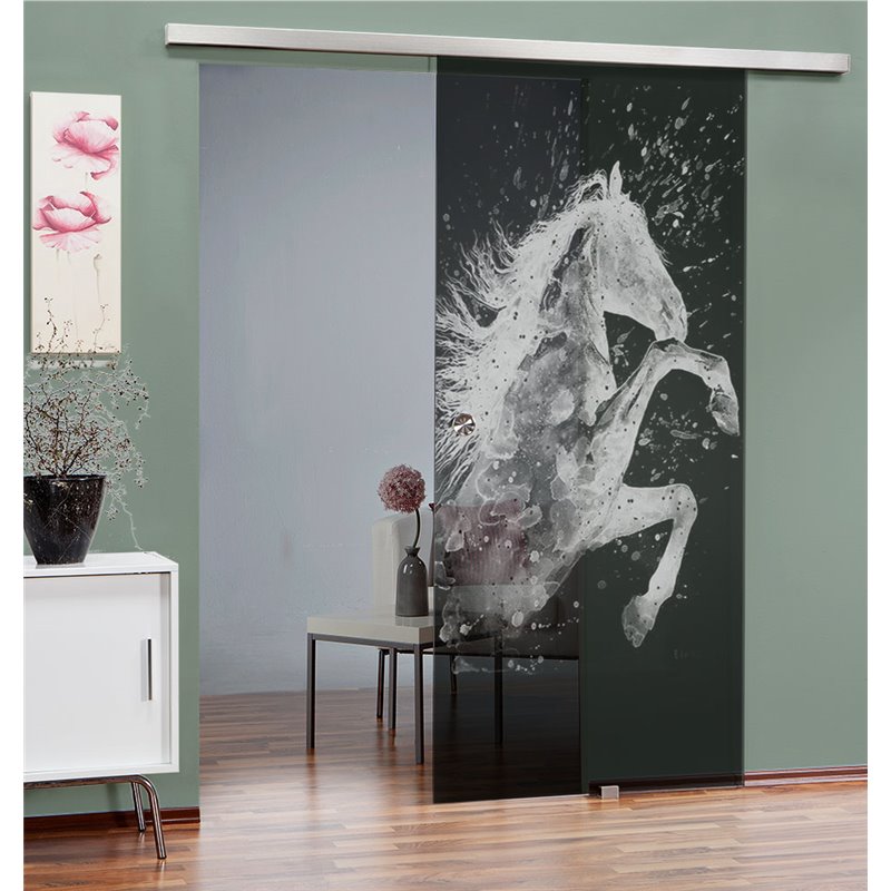 Glasschiebetür SLIM-LINE flying Horse Gelasert Auf Grauglas Glasschiebetür SLIM-LINE flying Horse Gelasert Auf Grauglas
