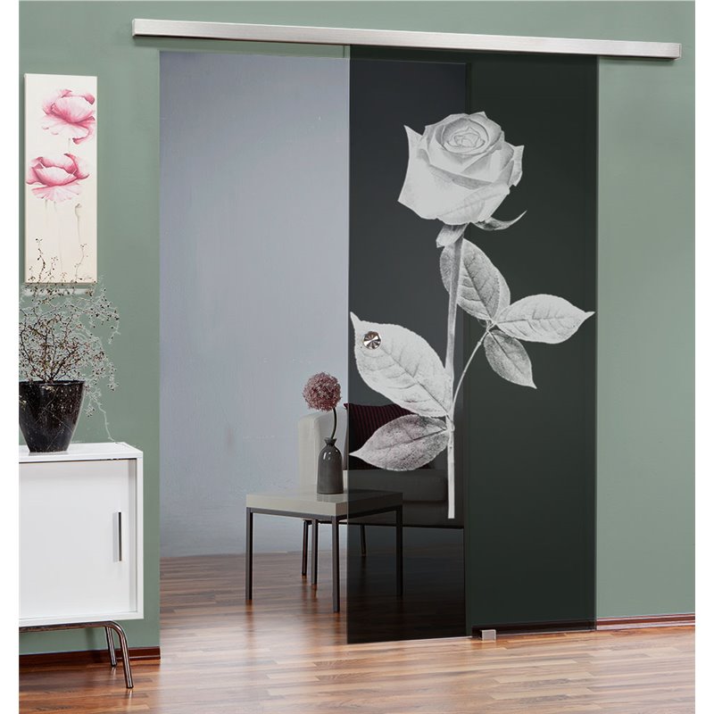 Glasschiebetür SLIM-LINE Rose I Gelasert Auf Grauglas Glasschiebetür SLIM-LINE Rose I Gelasert Auf Grauglas