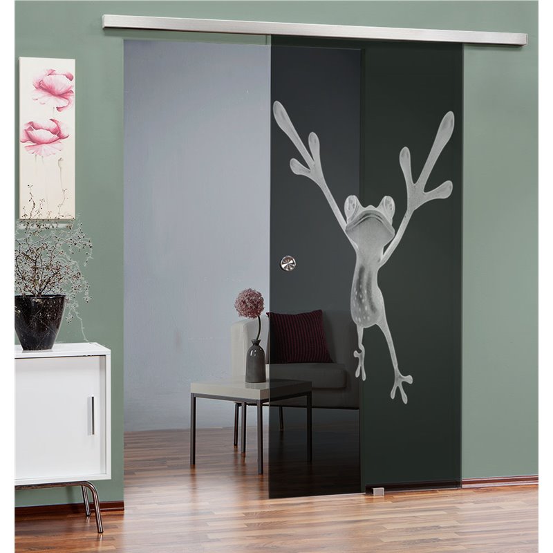 Glasschiebetür SLIM-LINE Crazy Frog Gelasert Auf Grauglas Glasschiebetür SLIM-LINE Crazy Frog Gelasert Auf Grauglas