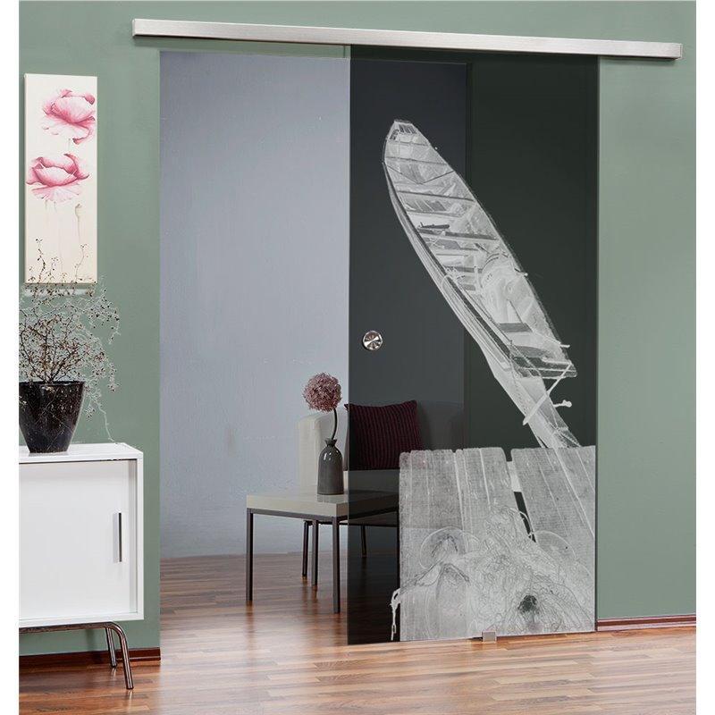 Glasschiebetür SLIM-LINE Boot 2 Gelasert Auf Grauglas Glasschiebetür SLIM-LINE Boot 2 Gelasert Auf Grauglas