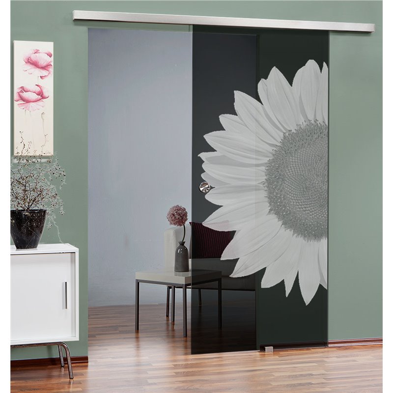 Glasschiebetür SLIM-LINE Sonnenblume Gelasert Auf Grauglas Glasschiebetür SLIM-LINE Sonnenblume Gelasert Auf Grauglas