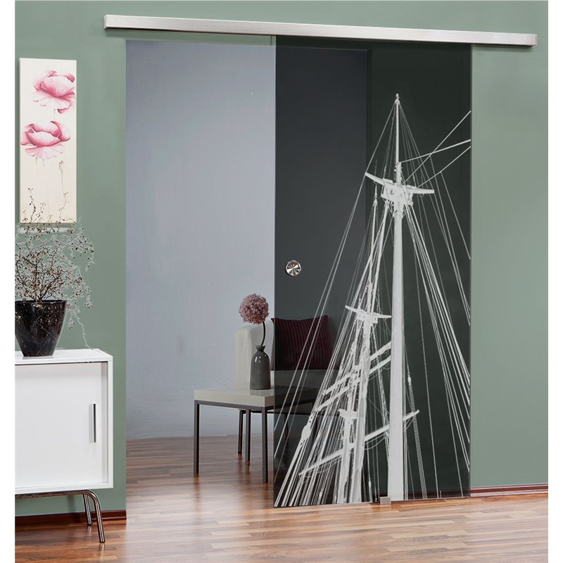 Glasschiebetür SLIM-LINE Dreimaster Gelasert Auf Grauglas Glasschiebetür SLIM-LINE Dreimaster Gelasert Auf Grauglas