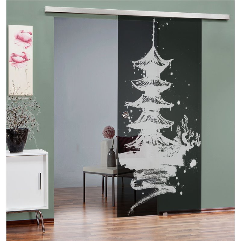 Glasschiebetür SLIM-LINE Pagode III Gelasert Auf Grauglas Glasschiebetür SLIM-LINE Pagode III Gelasert Auf Grauglas