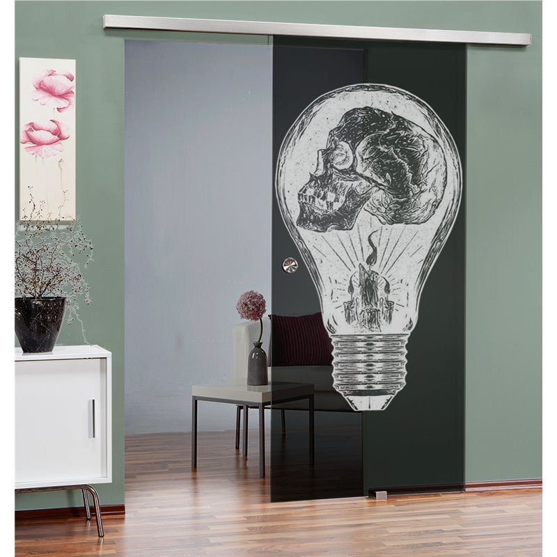 Glasschiebetür SLIM-LINE Skull Gelasert Auf Grauglas Glasschiebetür SLIM-LINE Skull Gelasert Auf Grauglas