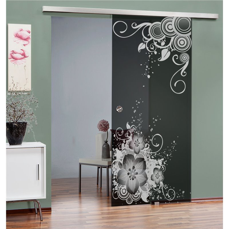 Glasschiebetür SLIM-LINE Blume 11 Gelasert Auf Grauglas Glasschiebetür SLIM-LINE Blume 11 Gelasert Auf Grauglas