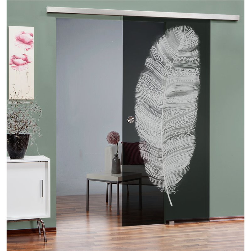 Glasschiebetür SLIM-LINE Feder Gelasert Auf Grauglas Glasschiebetür SLIM-LINE Feder Gelasert Auf Grauglas
