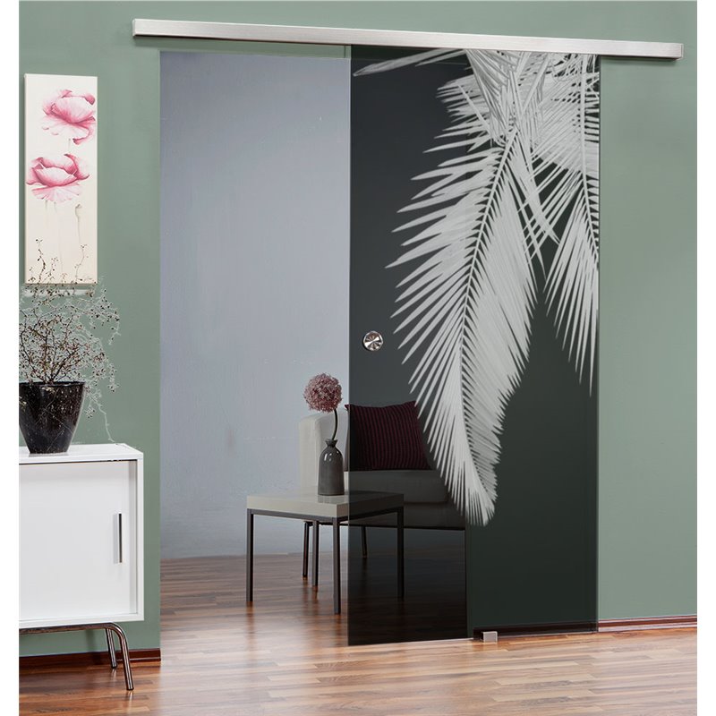 Glasschiebetür SLIM-LINE Blätter 2 Gelasert Auf Grauglas Glasschiebetür SLIM-LINE Blätter 2 Gelasert Auf Grauglas