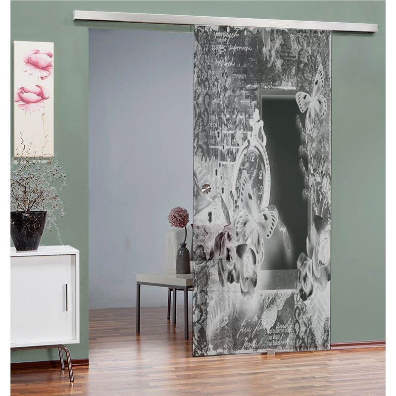 Glasschiebetür SLIM-LINE Vintage flowers Gelasert Auf Grauglas Glasschiebetür SLIM-LINE Vintage flowers Gelasert Auf Grauglas