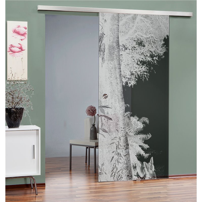 Glasschiebetür SLIM-LINE Wald Gelasert Auf Grauglas Glasschiebetür SLIM-LINE Wald Gelasert Auf Grauglas