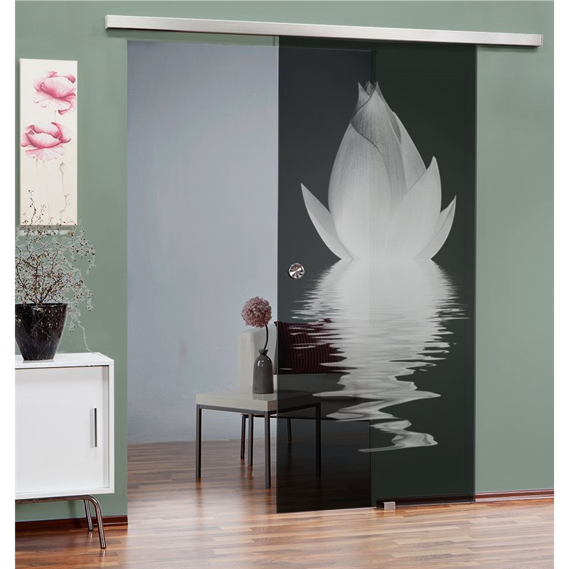 Glasschiebetür SLIM-LINE Lotus Gelasert Auf Grauglas Glasschiebetür SLIM-LINE Lotus Gelasert Auf Grauglas