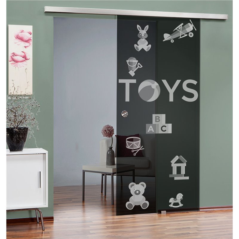 Glasschiebetür SLIM-LINE Toys Gelasert Auf Grauglas Glasschiebetür SLIM-LINE Toys Gelasert Auf Grauglas