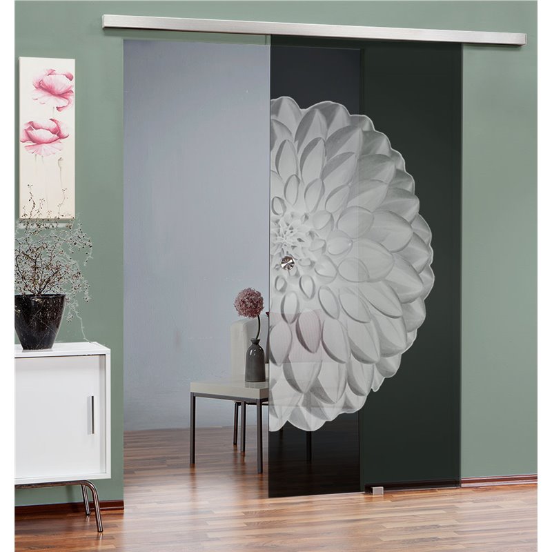Glasschiebetür SLIM-LINE Blume 8 Gelasert Auf Grauglas Glasschiebetür SLIM-LINE Blume 8 Gelasert Auf Grauglas