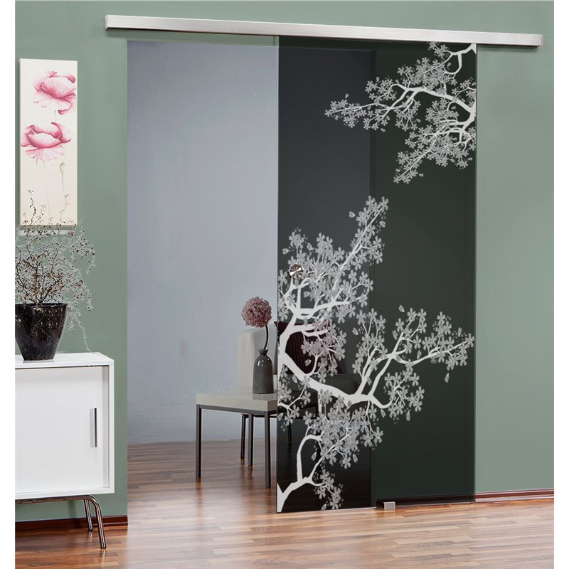 Glasschiebetür SLIM-LINE Japan Garden Gelasert Auf Grauglas Glasschiebetür SLIM-LINE Japan Garden Gelasert Auf Grauglas