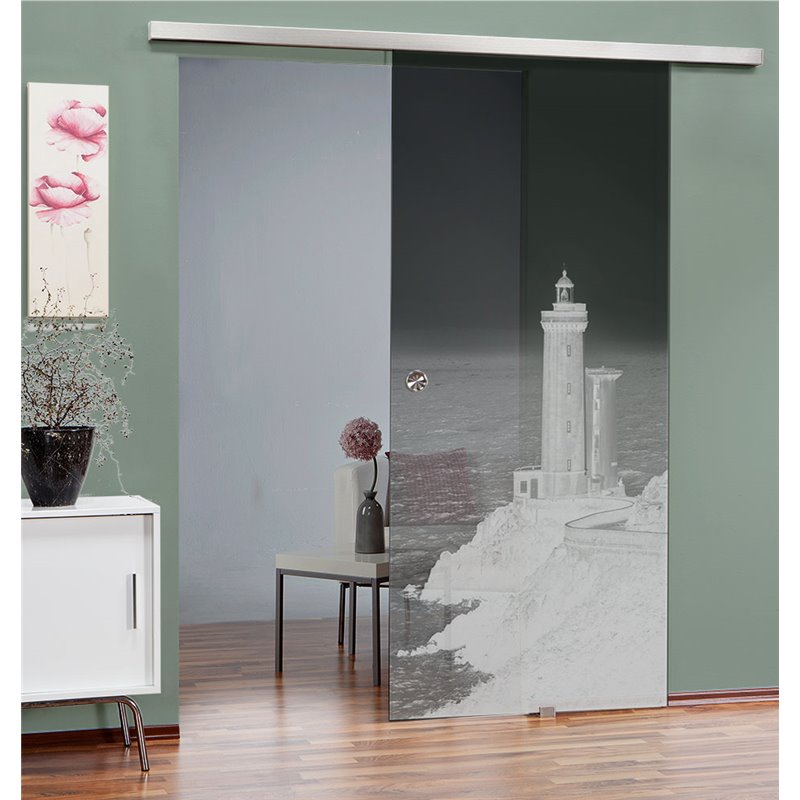 Glasschiebetür SLIM-LINE Leuchtturm 3 Gelasert Auf Grauglas Glasschiebetür SLIM-LINE Leuchtturm 3 Gelasert Auf Grauglas