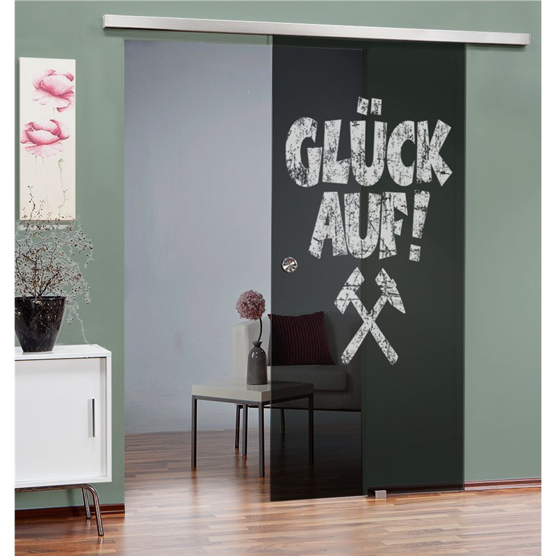 Glasschiebetür SLIM-LINE Glück Auf Gelasert Auf Grauglas Glasschiebetür SLIM-LINE Glück Auf Gelasert Auf Grauglas