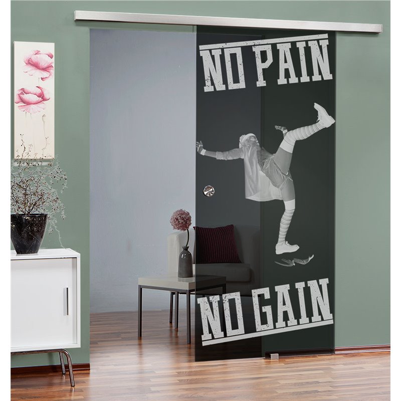 Glasschiebetür SLIM-LINE No pain No Gain Gelasert Auf Grauglas Glasschiebetür SLIM-LINE No pain No Gain Gelasert Auf Grauglas