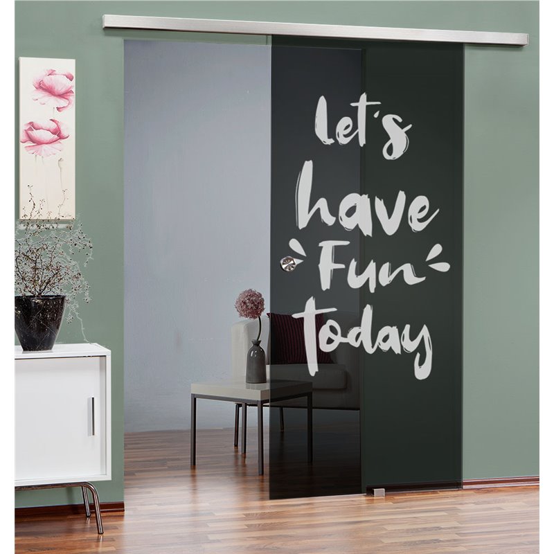Glasschiebetür SLIM-LINE Lets have fun Gelasert Auf Grauglas Glasschiebetür SLIM-LINE Lets have fun Gelasert Auf Grauglas