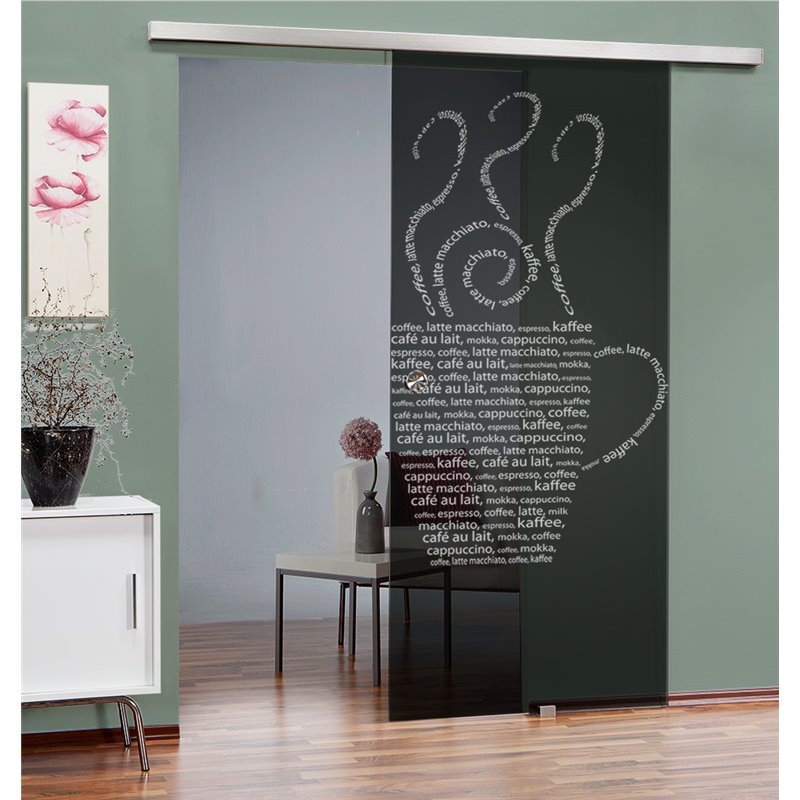 Glasschiebetür SLIM-LINE Kaffe Wordart Gelasert Auf Grauglas Glasschiebetür SLIM-LINE Kaffe Wordart Gelasert Auf Grauglas