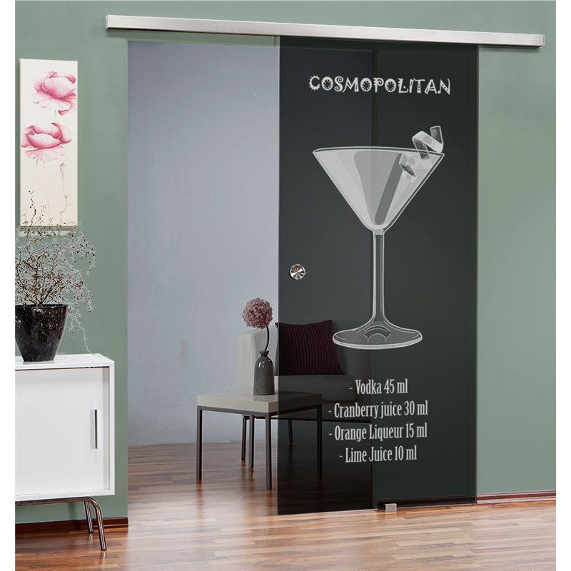Glasschiebetür SLIM-LINE Cosmopolitan Gelasert Auf Grauglas Glasschiebetür SLIM-LINE Cosmopolitan Gelasert Auf Grauglas