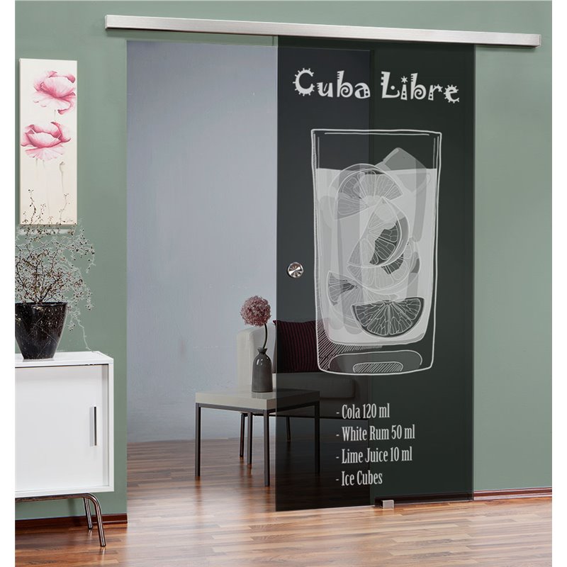 Glasschiebetür SLIM-LINE Cuba Libre Gelasert Auf Grauglas Glasschiebetür SLIM-LINE Cuba Libre Gelasert Auf Grauglas
