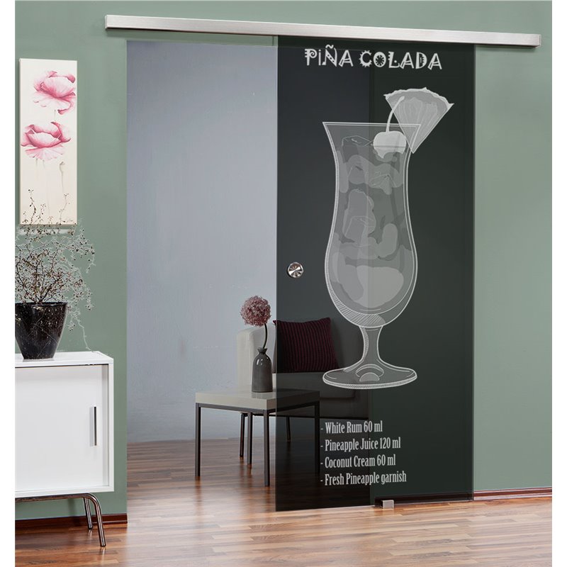Glasschiebetür SLIM-LINE Pina Colada Gelasert Auf Grauglas Glasschiebetür SLIM-LINE Pina Colada Gelasert Auf Grauglas
