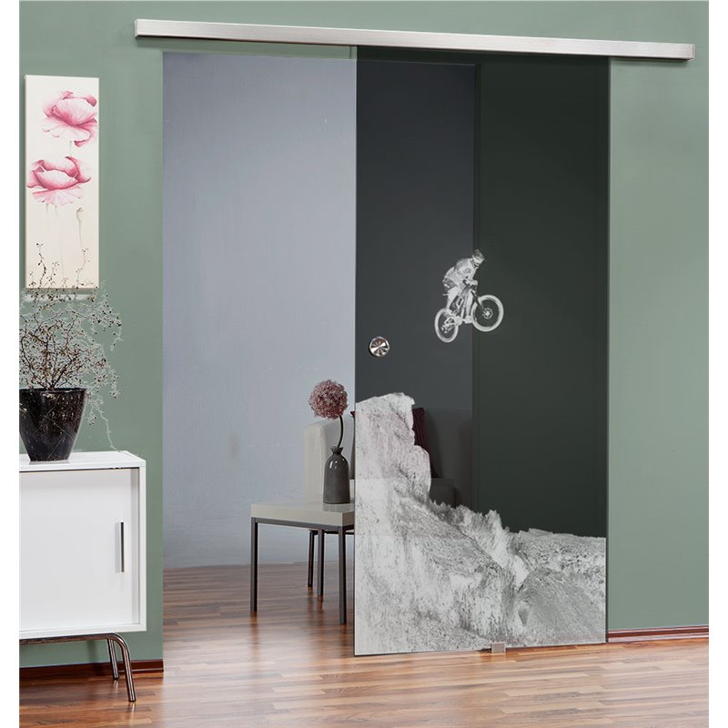 Glasschiebetür SLIM-LINE Biker 2 Gelasert Auf Grauglas Glasschiebetür SLIM-LINE Biker 2 Gelasert Auf Grauglas