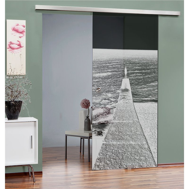 Glasschiebetür SLIM-LINE Steg Gelasert Auf Grauglas Glasschiebetür SLIM-LINE Steg Gelasert Auf Grauglas
