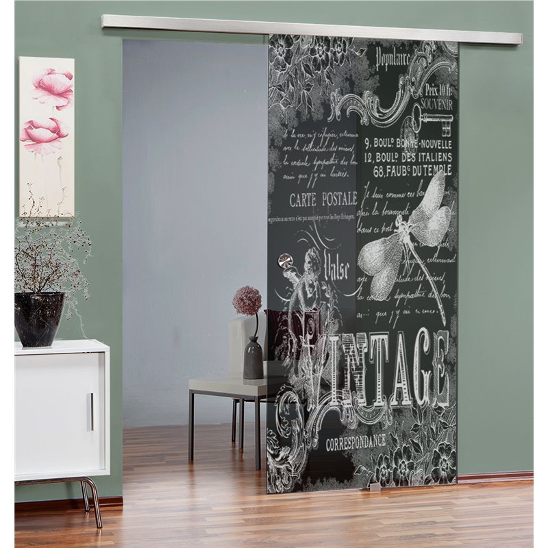 Glasschiebetür SLIM-LINE Vintage Gelasert Auf Grauglas Glasschiebetür SLIM-LINE Vintage Gelasert Auf Grauglas