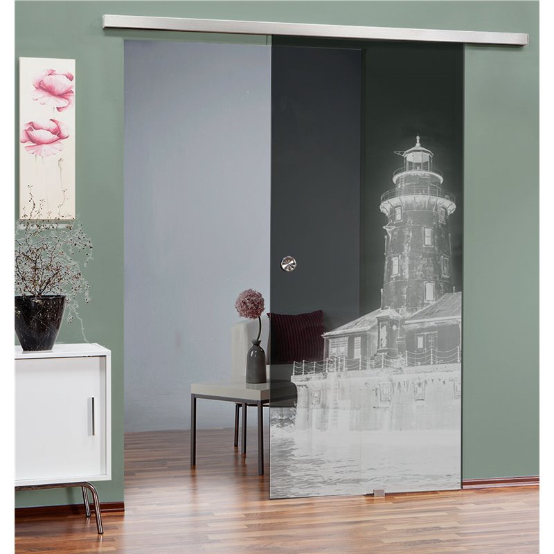 Glasschiebetür SLIM-LINE Leuchtturm 5 Gelasert Auf Grauglas Glasschiebetür SLIM-LINE Leuchtturm 5 Gelasert Auf Grauglas
