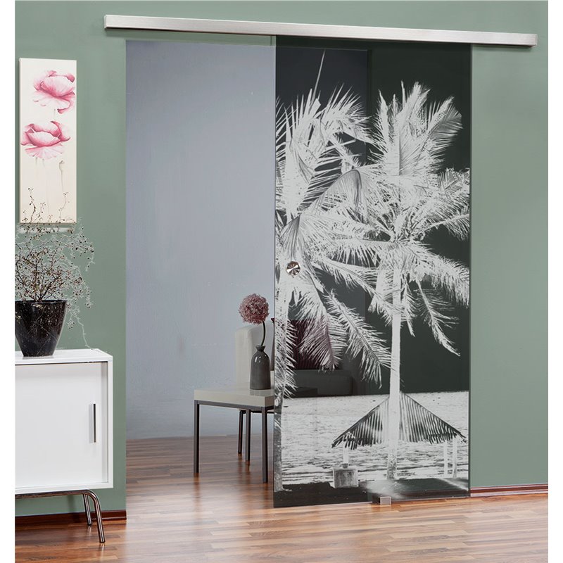 Glasschiebetür SLIM-LINE Palmen II Gelasert Auf Grauglas Glasschiebetür SLIM-LINE Palmen II Gelasert Auf Grauglas