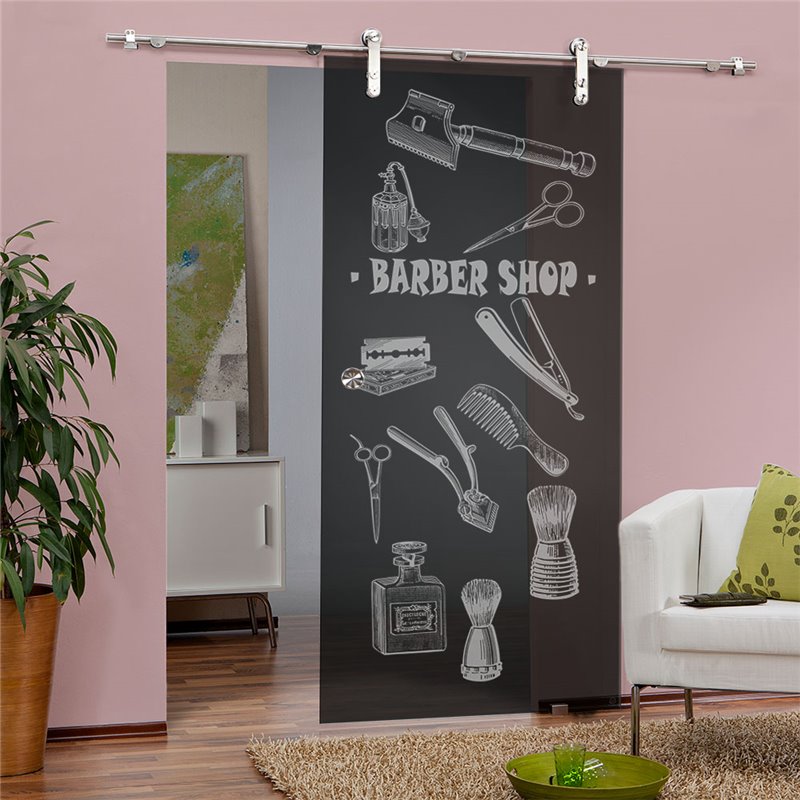 Glasschiebetür PIPE-LINE Barber Shop Gelasert Auf Grauglas Glasschiebetür PIPE-LINE Barber Shop Gelasert Auf Grauglas