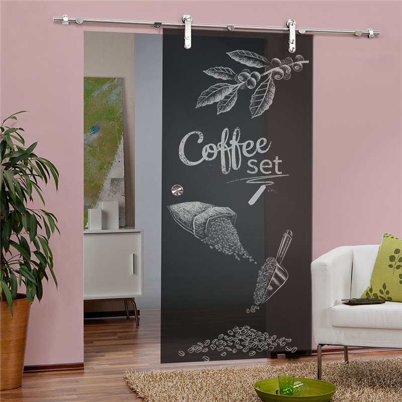 Glasschiebetür PIPE-LINE Coffee Set Gelasert Auf Grauglas Glasschiebetür PIPE-LINE Coffee Set Gelasert Auf Grauglas