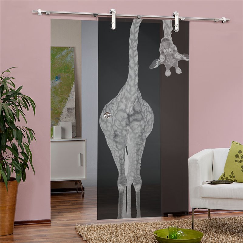 Glasschiebetür PIPE-LINE Giraffenhals Gelasert Auf Grauglas Glasschiebetür PIPE-LINE Giraffenhals Gelasert Auf Grauglas