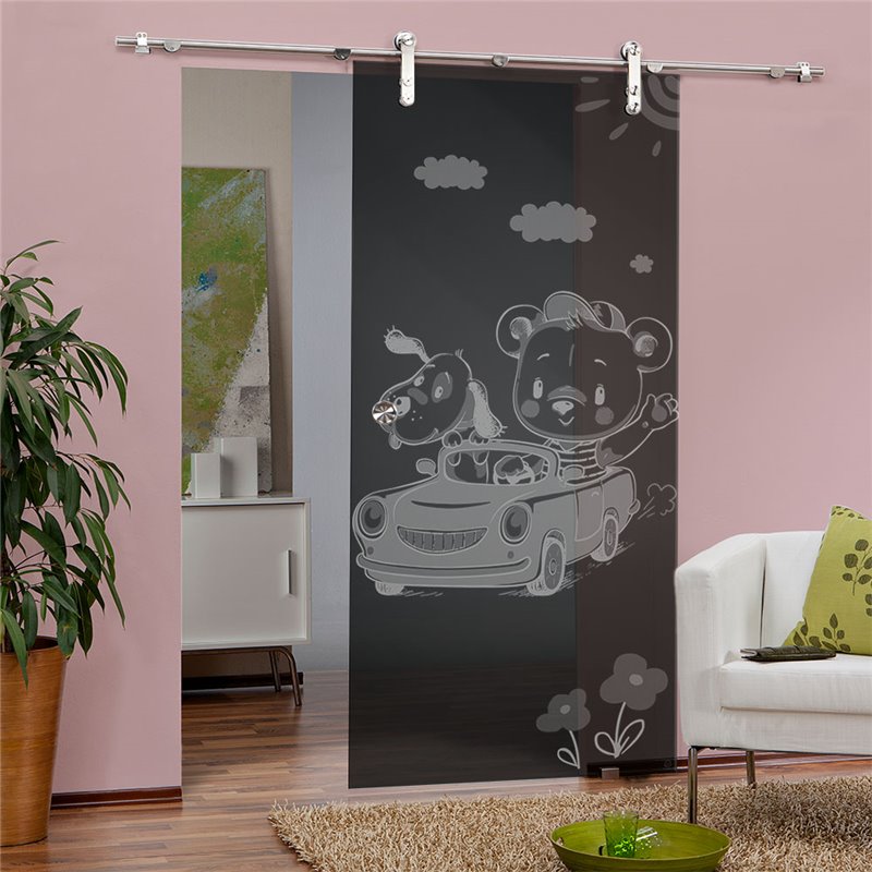Glasschiebetür PIPE-LINE kids car Gelasert Auf Grauglas Glasschiebetür PIPE-LINE kids car Gelasert Auf Grauglas