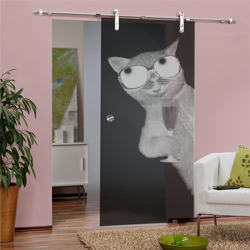 Glasschiebetür PIPE-LINE Drinking Cat Gelasert Auf Grauglas Glasschiebetür PIPE-LINE Drinking Cat Gelasert Auf Grauglas